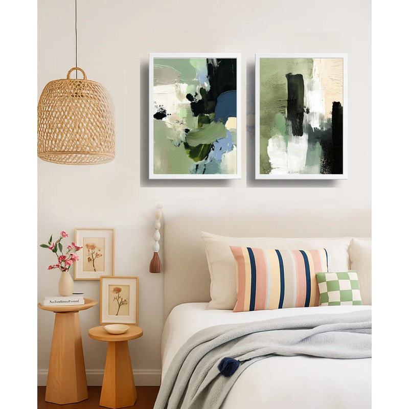 Set 2 Cuadros Dormitorio Living Abstracto Mossy Calm Verde Marco Blanco