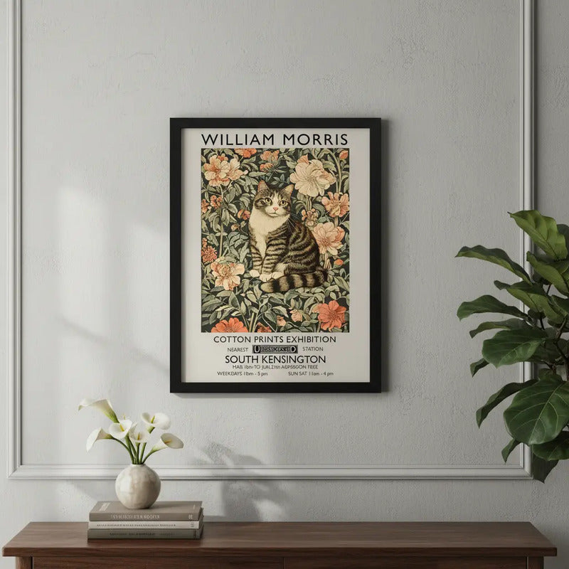 Cuadro Living Dormitorio Gato Flores William Morris Botanico Marco Negro
