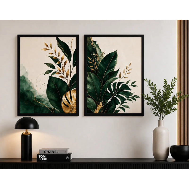 Set 2 Cuadros Hojas Tropical Dorado Abstracto Decora Living Marco Negro