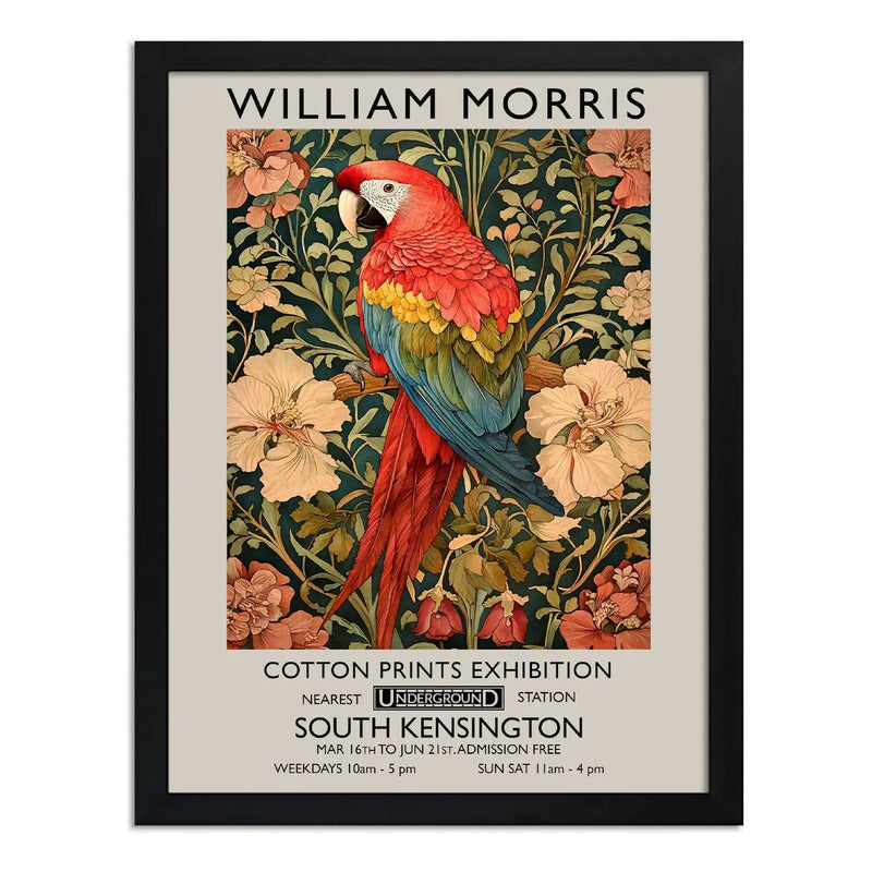 Cuadro Loro Y Flores William Morris Botanico Aves Floral B1 Marco Negro