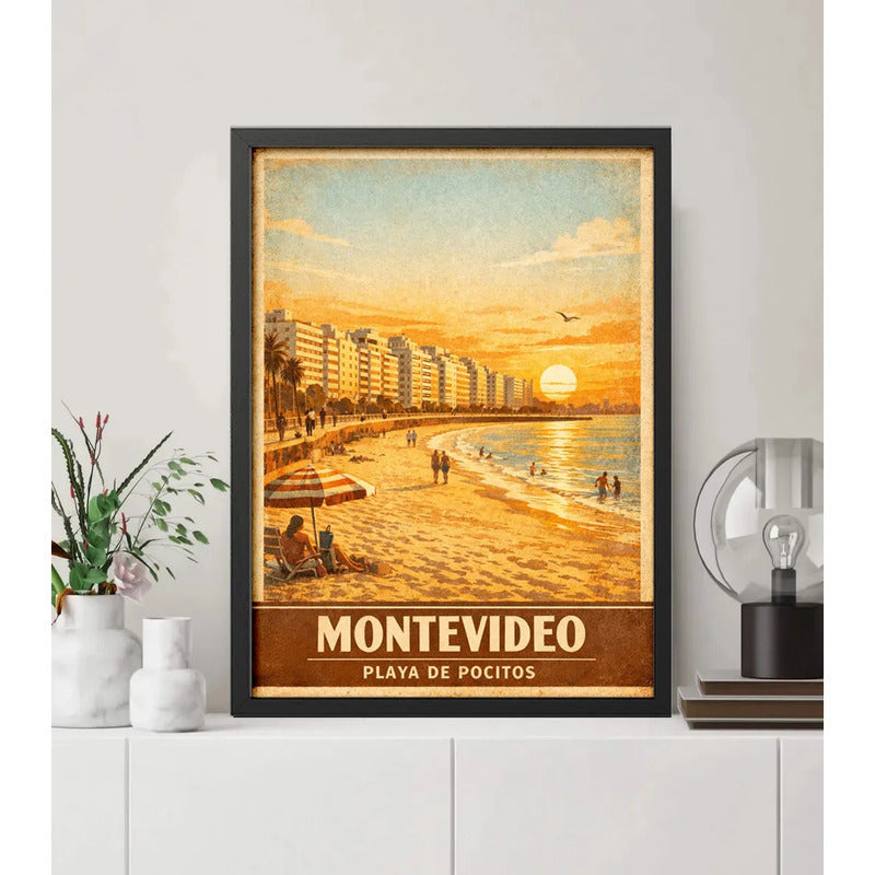 Cuadro Montevideo Playa De Pocitos Rambla Mar Retro Uruguay Marco Negro