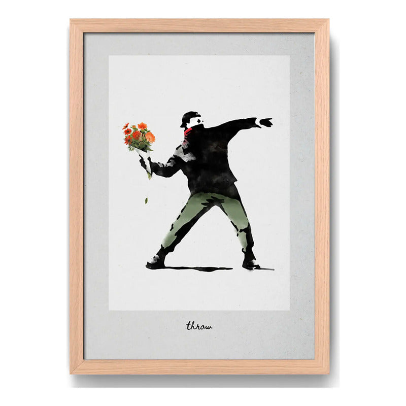 Cuadro Banksy Love Is In The Air Lanza Flores Arte Marco Oak Marco Marrón Claro