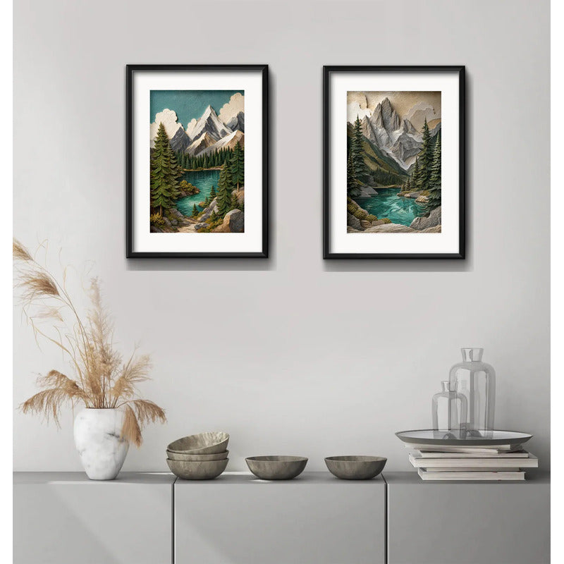 Set 2 Cuadros Paisaje Montañosa Textura 3d Brs1 Con Paspartu 43x33cm Cada Cuadro Negro