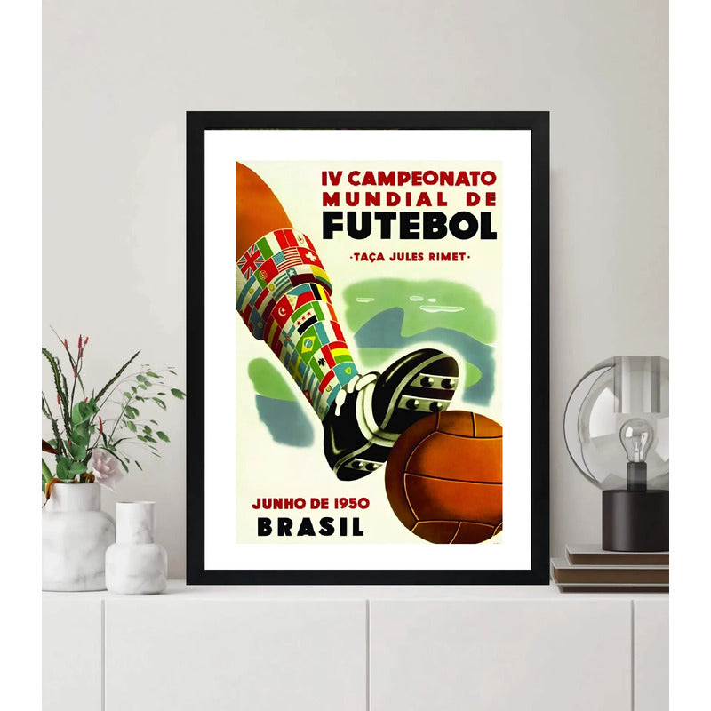 Cuadro Copa Del Mundo Futbol 1950 Brasil Campeonato Retro Marco Negro