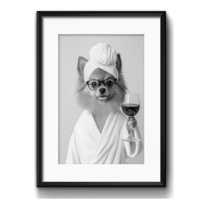 Cuadro Perro Con Bata De Bano Tomando Vino Arte Con Paspartú
