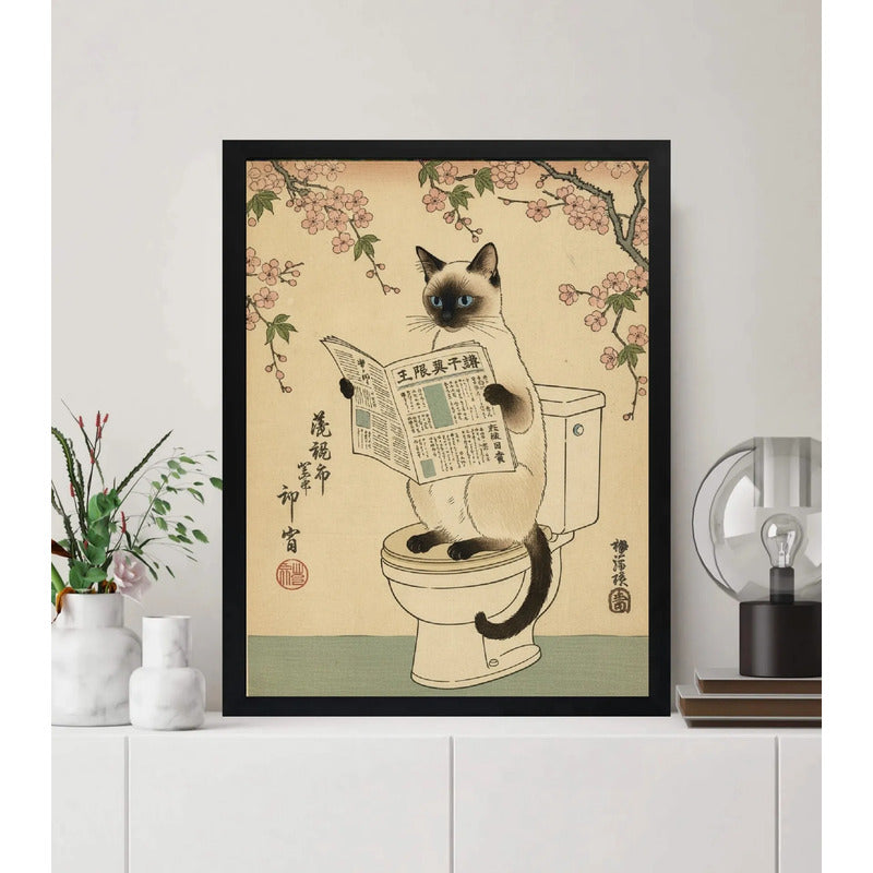 Cuadro Gato Siames Bano Arte Japón Flores Cerezo Decoracion Marco Negro