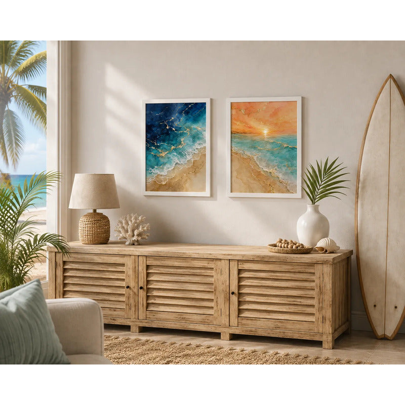 Set 2 Cuadros Living Dormitorio Paisajes De Playa Surf Brs1 Marco Blanco