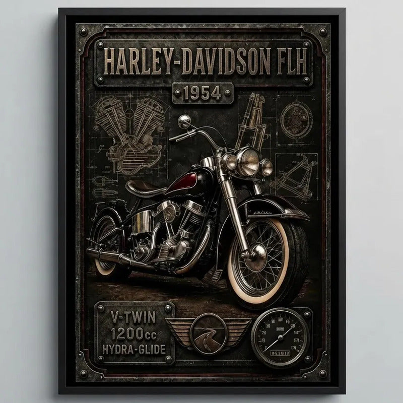 Cuadro Harley Davidson Moto Icónico Detalles Specs Efecto 3d Marco Negro
