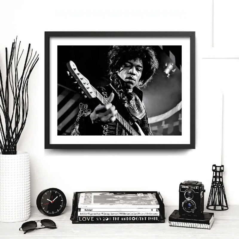 Cuadro Jimi Hendrix Blanco Y Negro Psicodélico Rock Guitarra Marco Negro