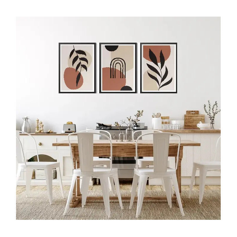 Set 3 Cuadros Living Abstracto Boho Hojas Geometrico Moderno Marco Negro