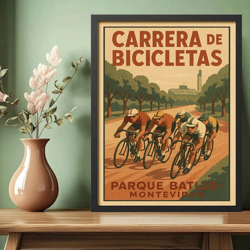 Cuadro Parque Batlle Carrera De Bicicletas Montevideo Retro Marco Negro