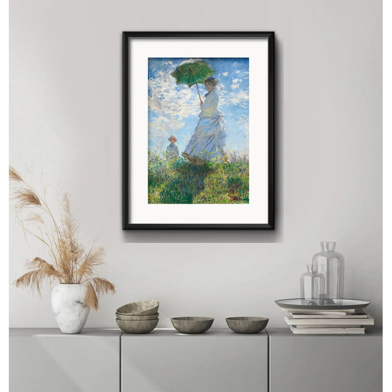 Cuadro Claude Monet Mujer Con Sombrilla Con Paspartú 53x43cm Marco Negro