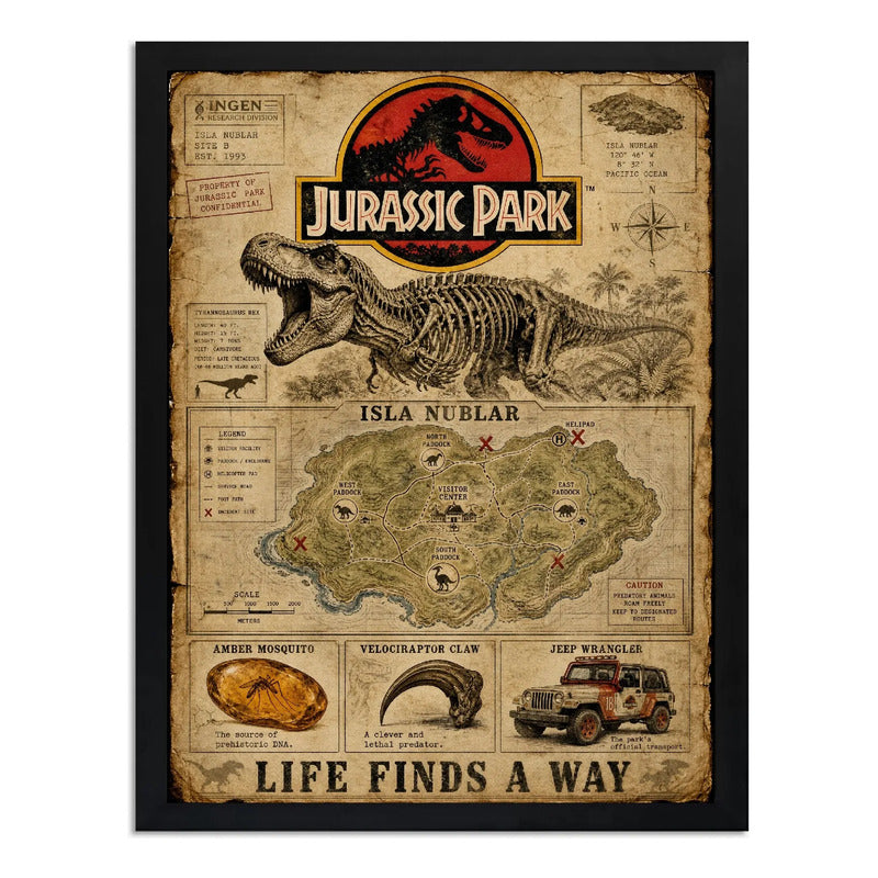 Cuadro Jurassic Park Mapa Isla Nublar Dinosaurio B4 Pelicula Marco Negro