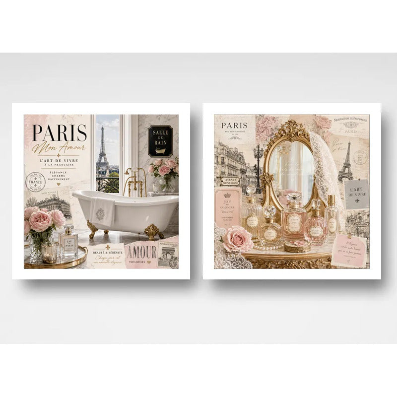 Set 2 Cuadros Decoracion Bano Paris Retro Banera Perfumes Marco Blanco