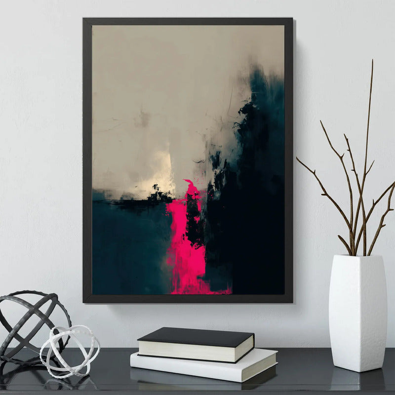 Cuadro Dormitorio Living Boho Abstracto Neón Rosa Beige Marco Negro