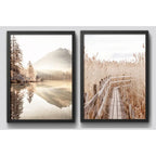 Set 2 Cuadros Paisajes Lago Montaña Sendero Amanecer Brumoso Marco Negro