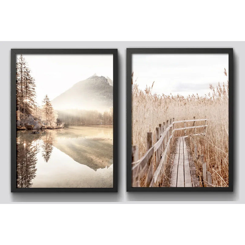 Set 2 Cuadros Paisajes Lago Montaña Sendero Amanecer Brumoso Marco Negro
