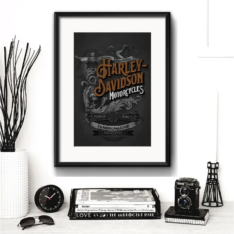 Cuadro Harley Davidson Moto Retro Motoclub Brs1 Con Paspartu Marco Negro