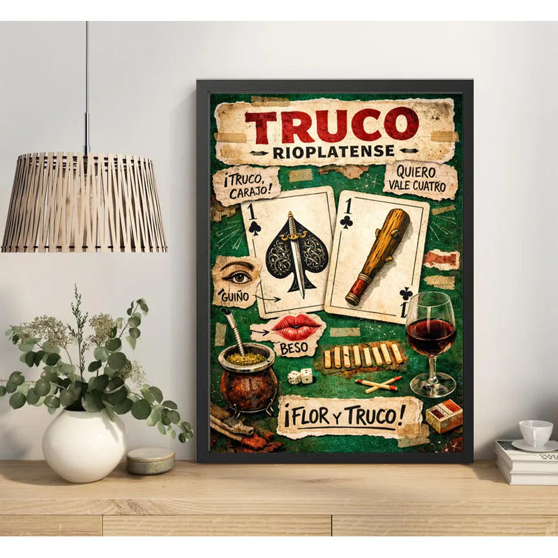 Cuadro Truco Rioplatense Juego De Naipes Arte Retro Uruguay Marco Negro