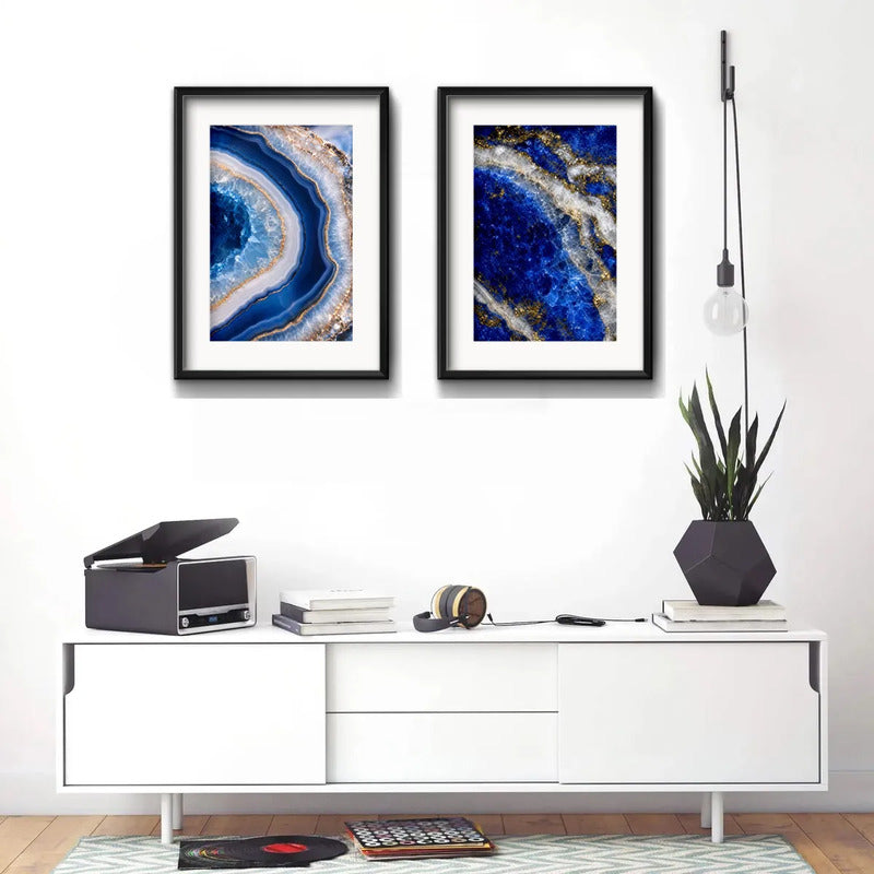 Set 2 Cuadros Agata Lapislazuli Abstracto Azul Con Paspartu 53x43cm Cada Cuadro Negro