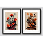 Set 2 Cuadros Flores Tulipanes Calidad Museo Con Paspartú Marco Negro