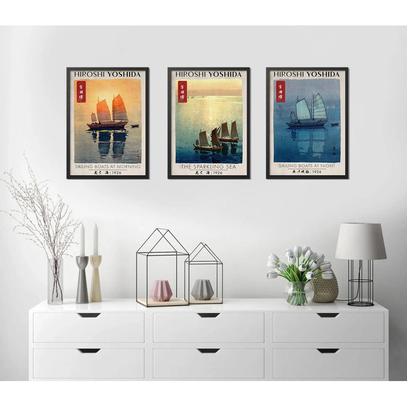 Set 3 Cuadros Hiroshi Yoshida Arte Japones Estilo Shin-hanga Marco Negro