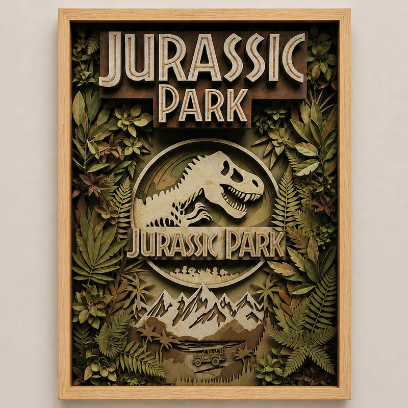 Cuadro Jurassic Park Efecto 3d Dinosaurio Pelicula Cinema Marco Marrón Claro