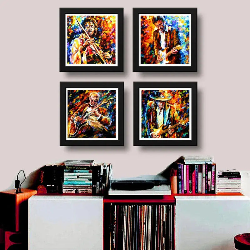 Set 4 Cuadros Eric Clapton Jimi Hendrix Bb King Ray Vaughan Marco Negro