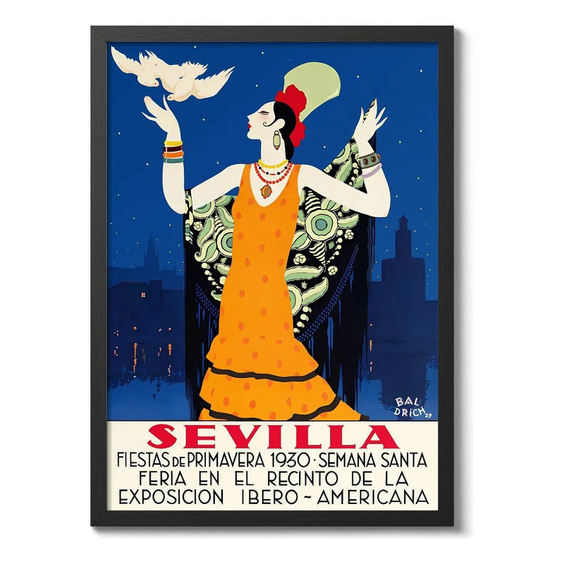 Cuadro Ciudades Vintage Retro Espana Francia Brasil China Sevilla Espana Vintage 2 Marco Negro