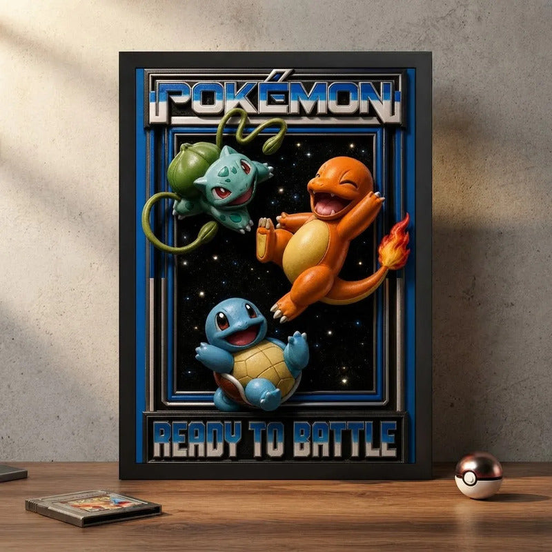 Cuadro Pokemon Ready To Battle Arte 3d Anime Mangá Geek Marco Negro