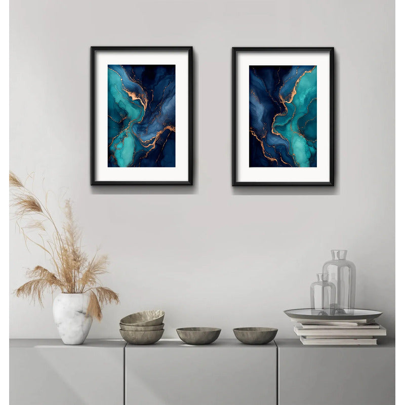 Set 2 Cuadros Abstracto Mármol Azul Turquesa Con Paspartu 43x33cm Cada Cuadro Negro