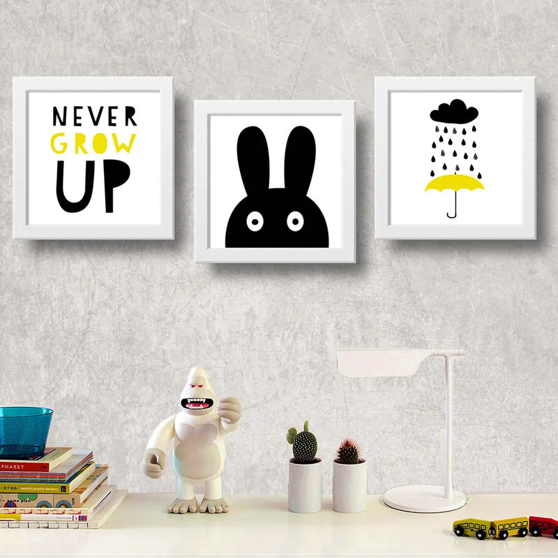 Set 3 Cuadros Conejito Frase Art Minimalista Dormitorio Niño Marco Blanco