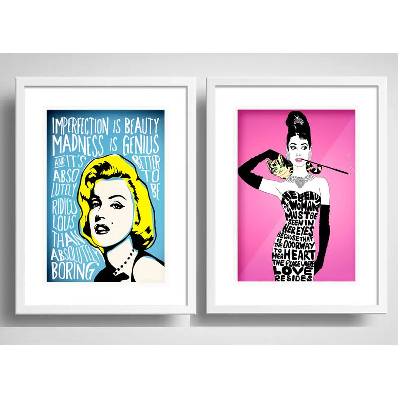Set 2 Cuadros Marilyn Monroe Audrey Hepburn Pop Art Paspartú