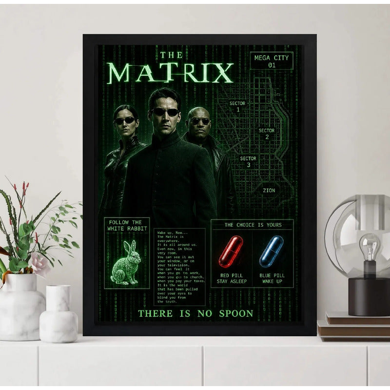 Cuadro Matrix Mapa Pelicula Cornejo Blanco Red Pill Cinema Marco Negro