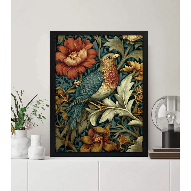 Cuadro Pajaro Botanico Flores William Morris Aves Flor Arte Pájaro Entre Flores W Morris Marco Negro
