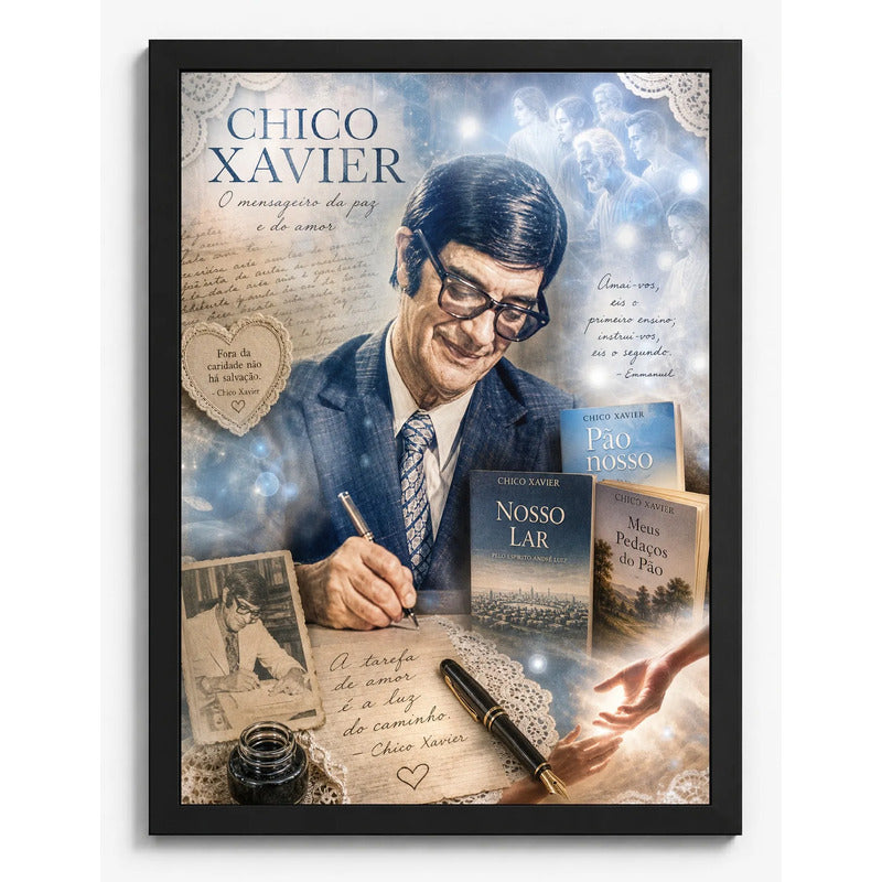 Cuadro Chico Xavier Médium Escritor Arte Espírita Retro Marco Negro