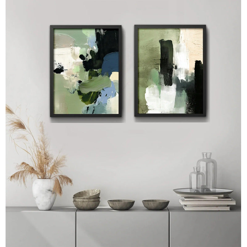 Set 2 Cuadros Dormitorio Living Abstracto Mossy Calm Verde Marco Negro