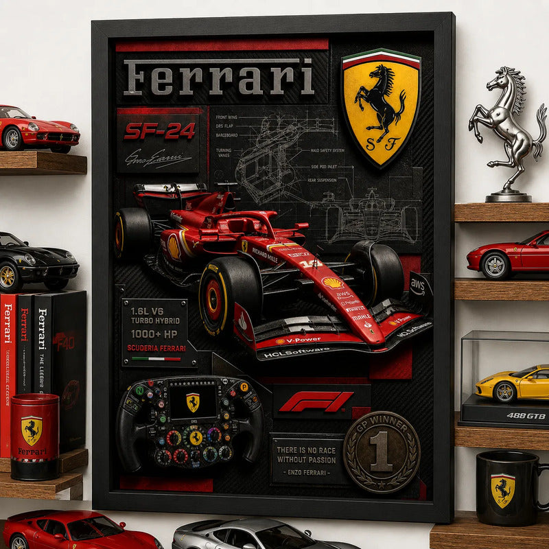 Cuadro Ferrari Formula 1 Auto Icónico Specs Efecto 3d Marco Negro