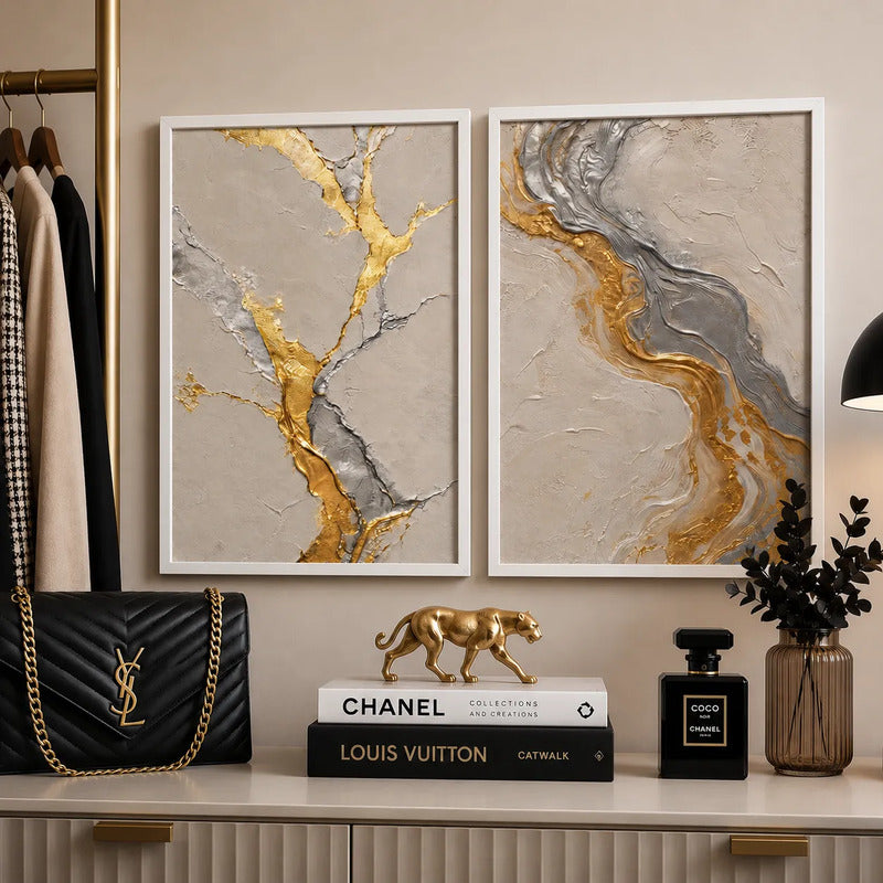 Set 2 Cuadros Living Dormitorio Abstracto 3d Oro Y Plata Marco Negro