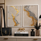 Set 2 Cuadros Living Dormitorio Abstracto 3d Oro Y Plata Marco Negro