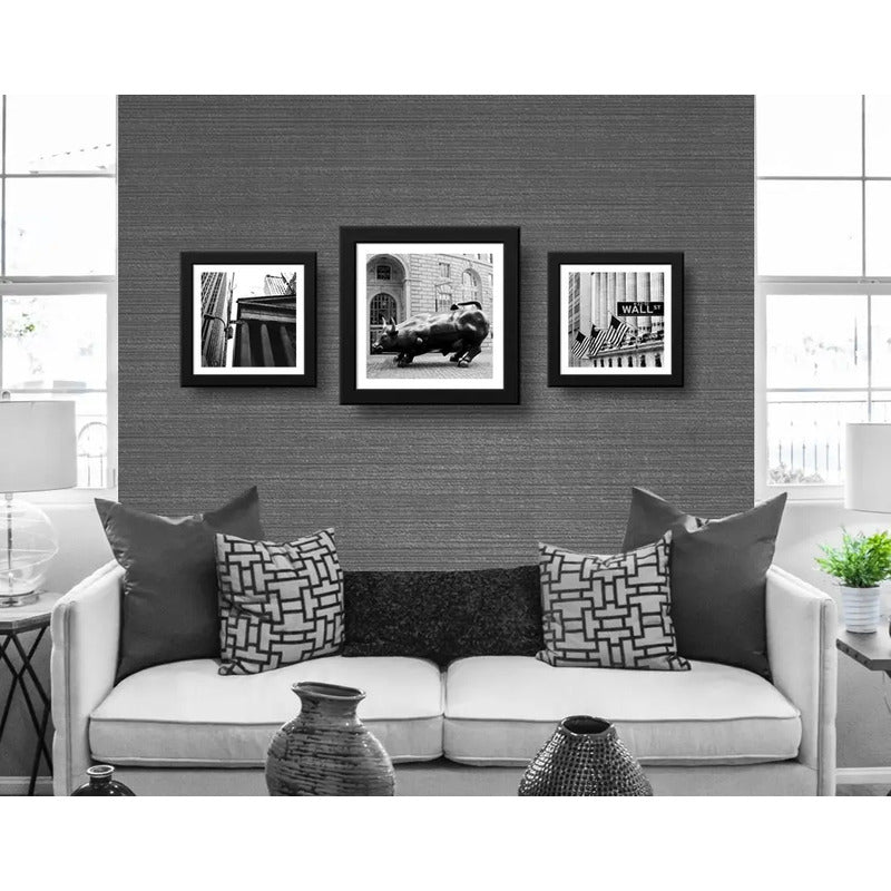 Set 3 Cuadros Toro De Wall Street Blanco Y Negro 33 Marco Negro