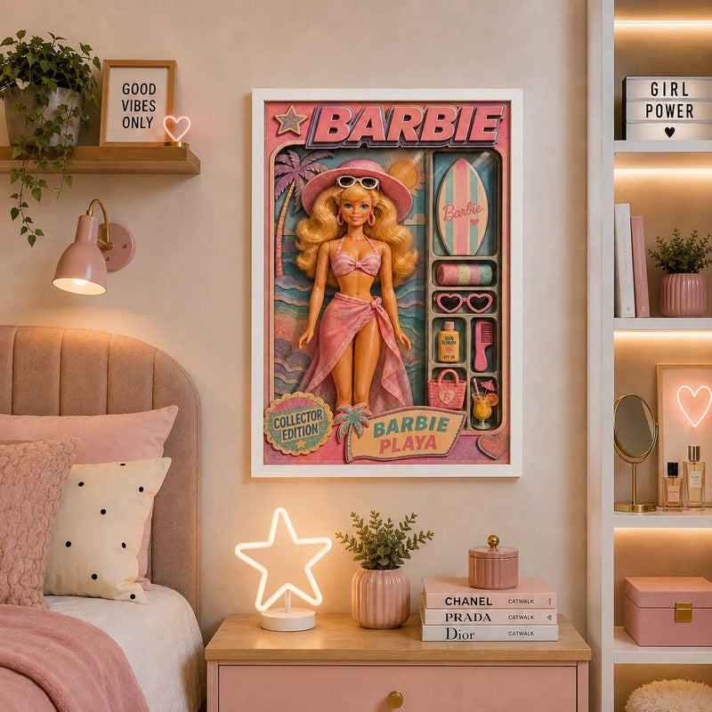 Cuadro Barbie Playa Beach Decoracion Dormitorio Muñeca Marco Blanco