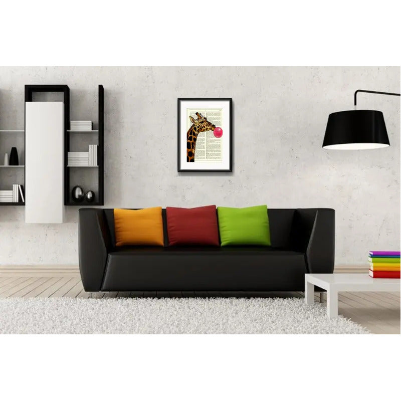 Cuadro Jirafa Chicle Retro Animal Decoracion Con Paspartú Marco Negro