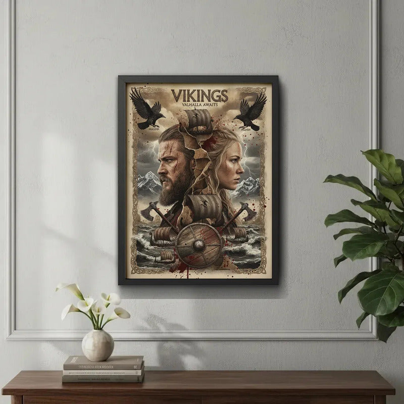 Cuadro Vikings Serie Tv Vikingos Arte Medieval Decoracion B2 Marco Negro
