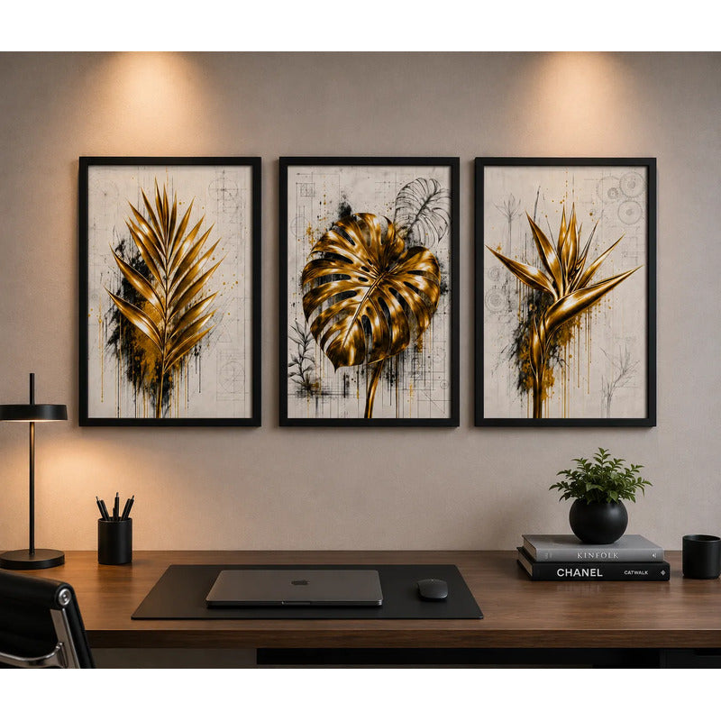 Set 3 Cuadros Living Oficina Hojas Doradas Arte Botanica Marco Negro
