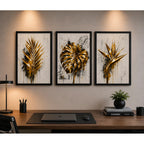 Set 3 Cuadros Living Oficina Hojas Doradas Arte Botanica Marco Negro