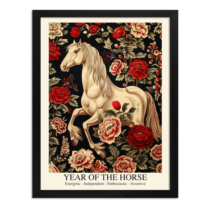 Cuadro Año Del Caballo Zodiaco Chino William Morris Flores Caballo Blanco Negro
