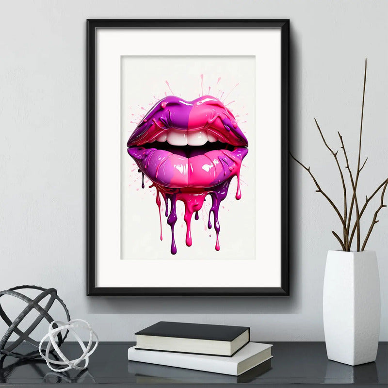 Cuadro Boca Pink Fashion Maquillaje Decoracion Con Paspartú Marco Negro