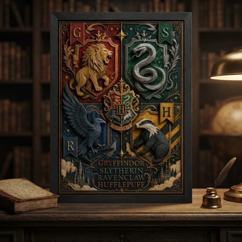 Cuadro Harry Potter 4 Casas Hogwarts Pelicula Arte Efecto 3d Marco Negro
