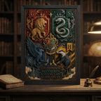 Cuadro Harry Potter 4 Casas Hogwarts Pelicula Arte Efecto 3d Marco Negro